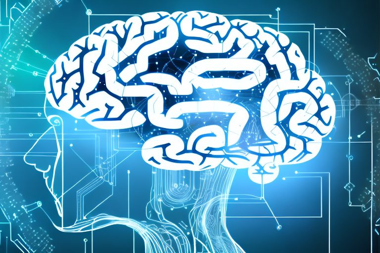 A digital brain being trained with various symbols of machine learning and artificial intelligence
