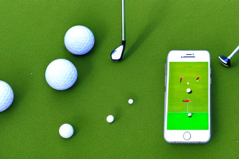 A golf course landscape with a smartphone displaying the 18birdies ai coach app interface
