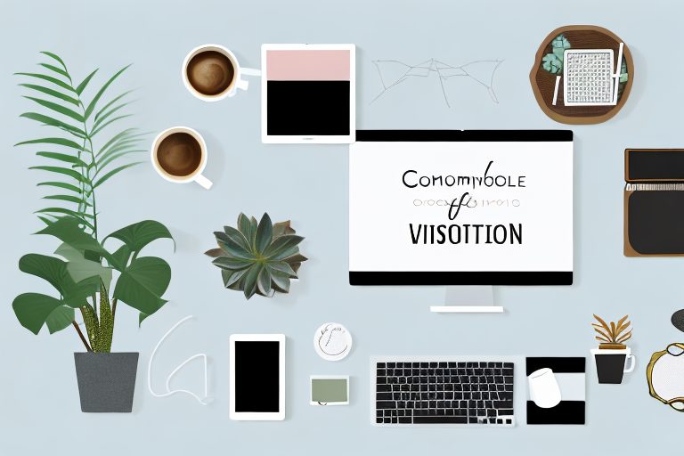 A comfortable and organized home office setup with motivational items like a vision board