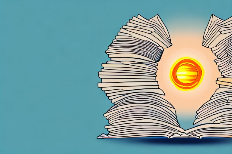 A stack of ten books with a rising sun in the background