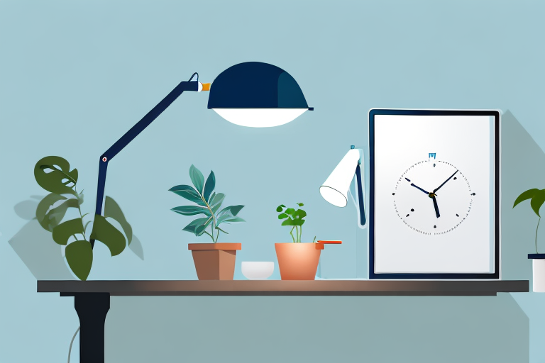 A desk with a lit lamp