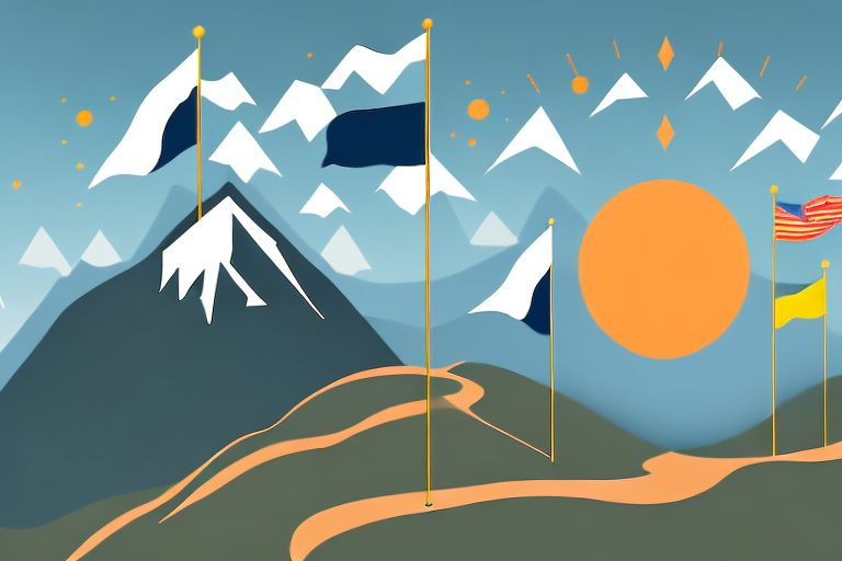 A mountain path with a series of flags representing milestones
