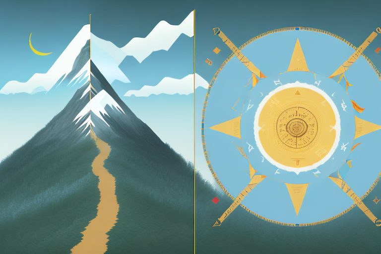 A mountain path with various motivational symbols like a rising sun