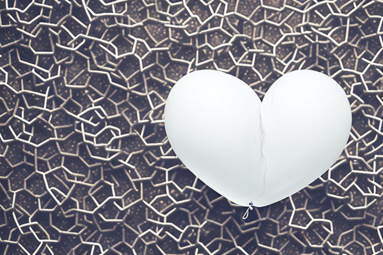 A heart-shaped balloon floating upwards from a pile of broken chains