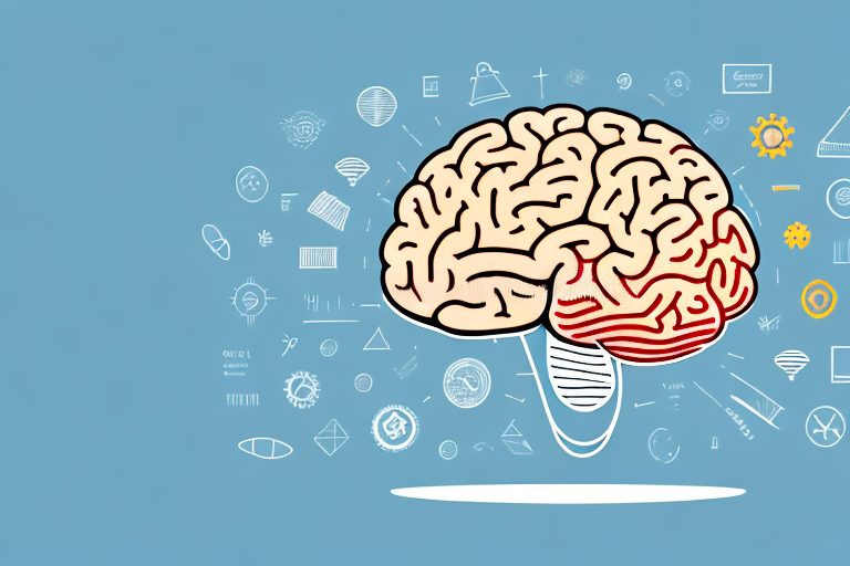 A brain with various symbolic icons like a running shoe