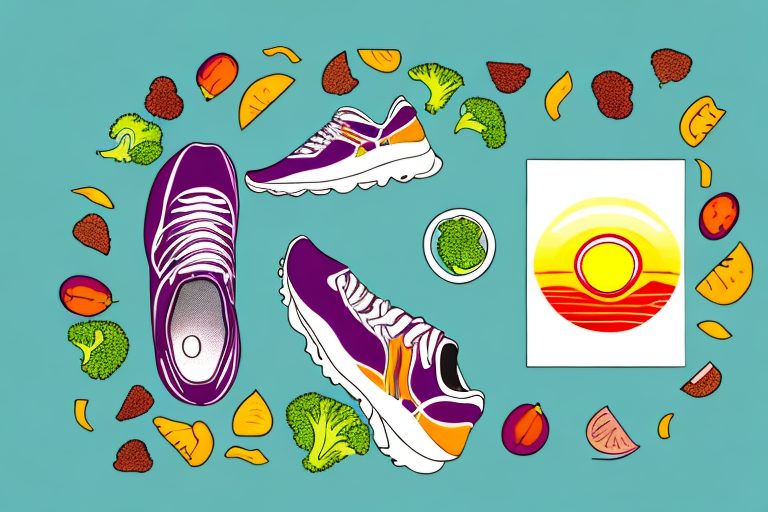 A pair of running shoes next to a healthy salad