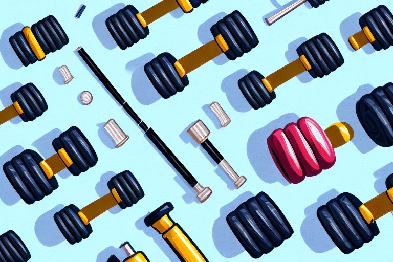 A set of dumbbells next to a protein shake