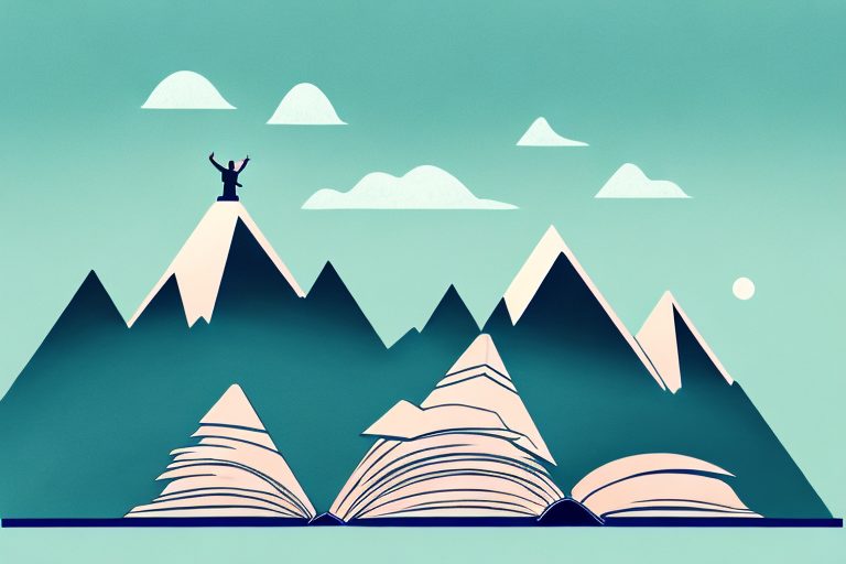 A stack of diverse books with a mountain peak in the background