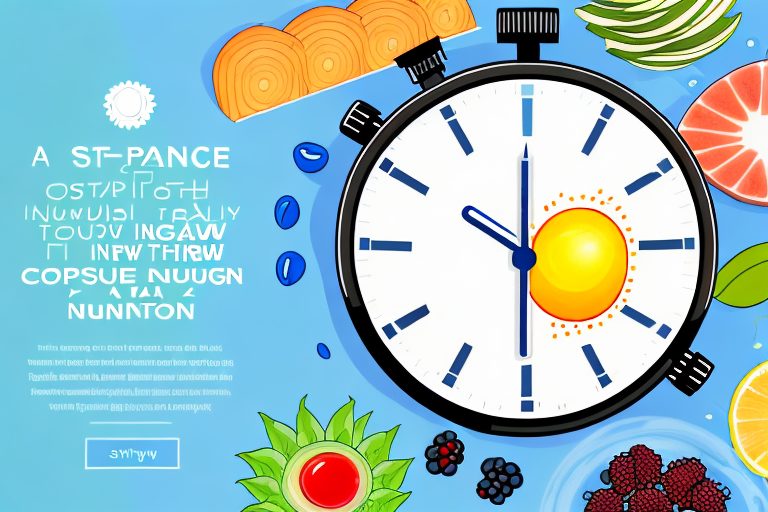 A stopwatch surrounded by healthy foods and water