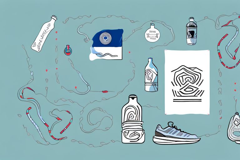 A winding path with various fitness-related items like a water bottle