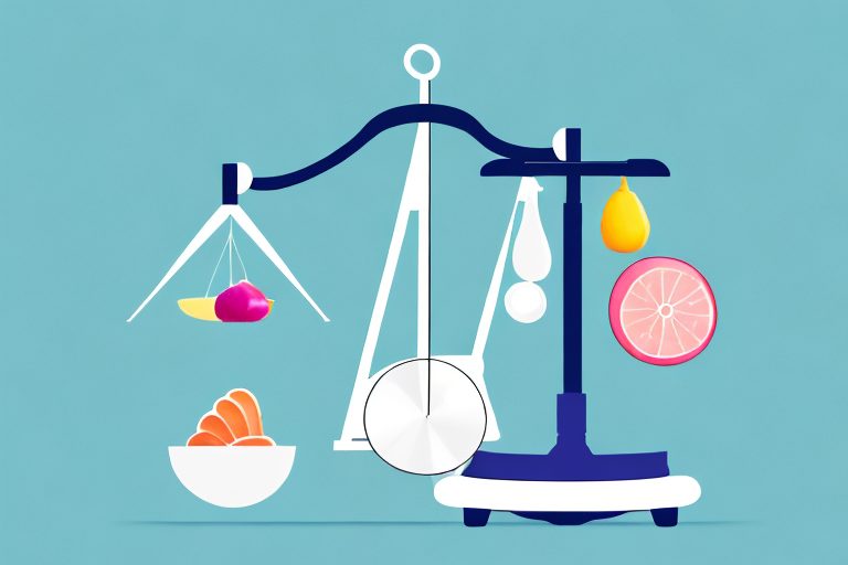 A scale balanced with healthy foods on one side and exercise equipment on the other