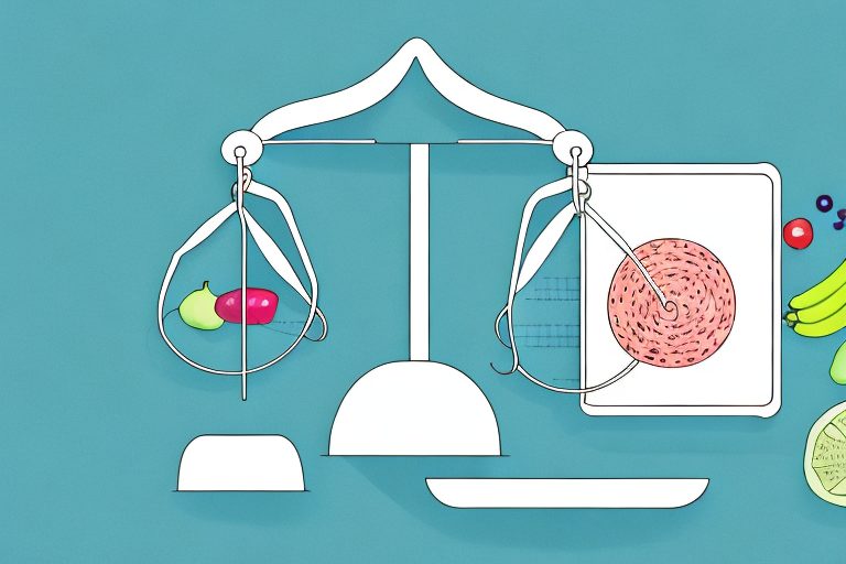 A scale balanced with healthy foods on one side and workout equipment on the other