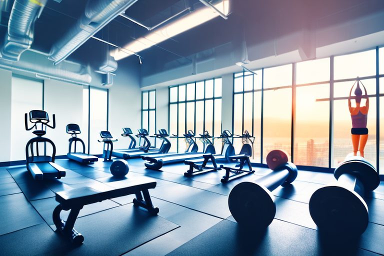 A gym setting with various fitness equipment like dumbbells