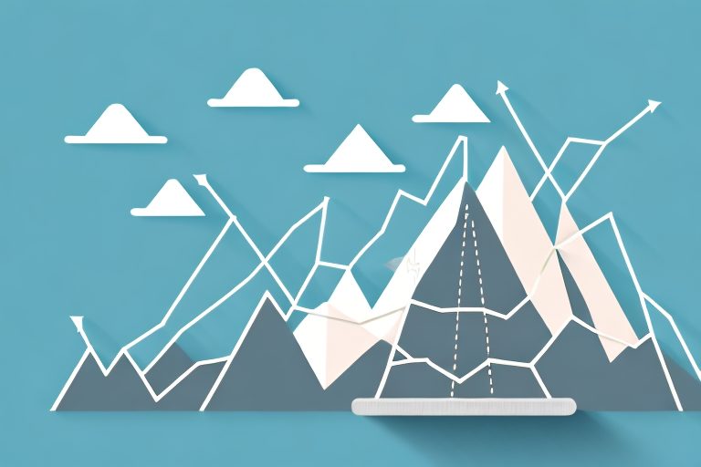 A mountain peak with various business-related symbols like a briefcase