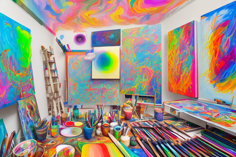 A vibrant and colorful artist's studio filled with various art supplies