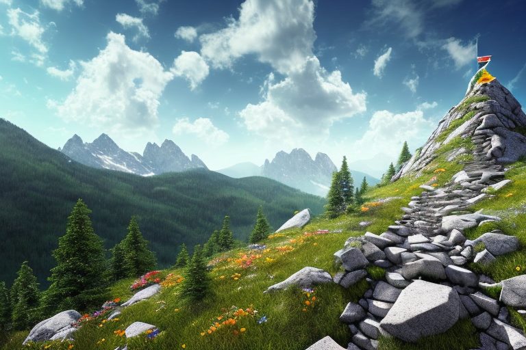 A mountain path with various obstacles like steep inclines