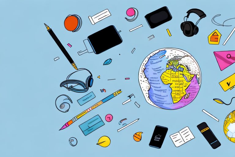 A globe surrounded by various language learning tools such as headphones