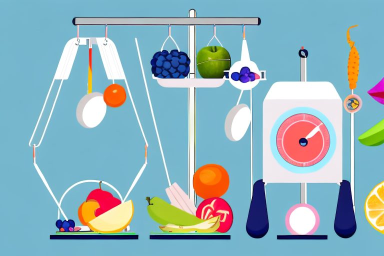 A set of balanced scales with healthy food items on one side and workout equipment on the other