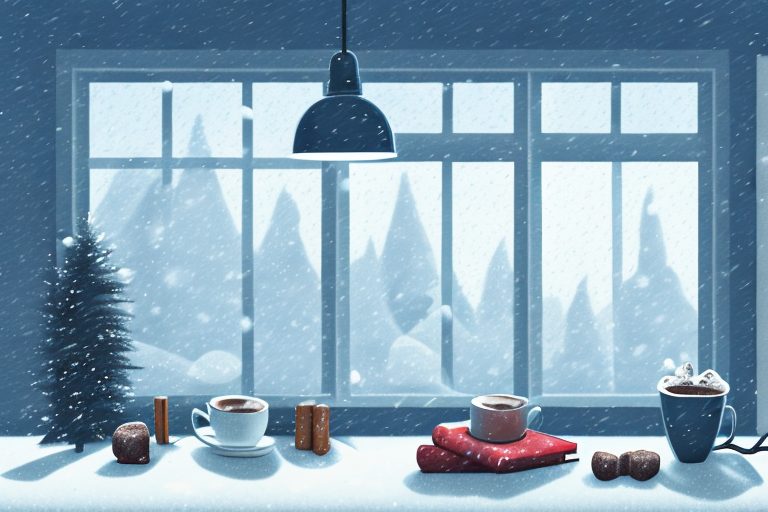 A cozy winter scene featuring a lit fireplace