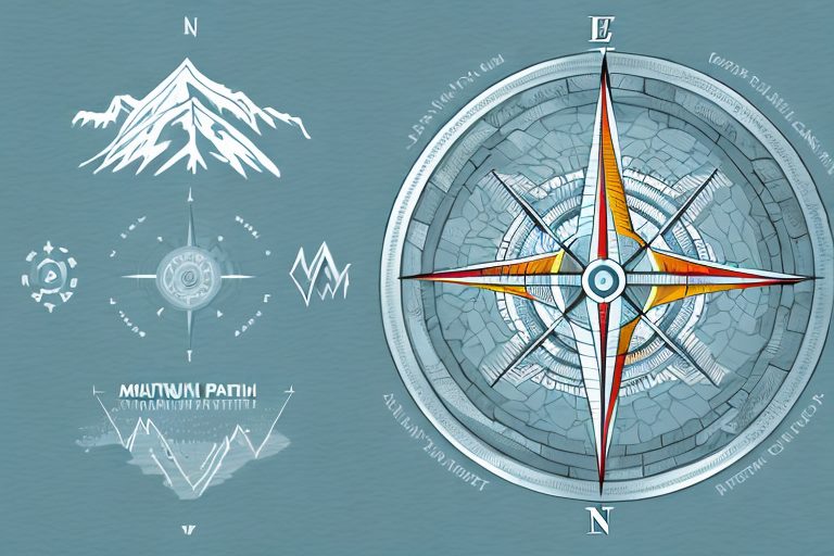 A mountain path with various motivational symbols like a compass