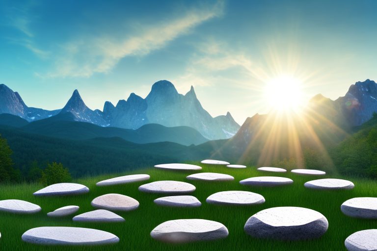 A sun rising over a mountain range with seven stepping stones leading up to the peak