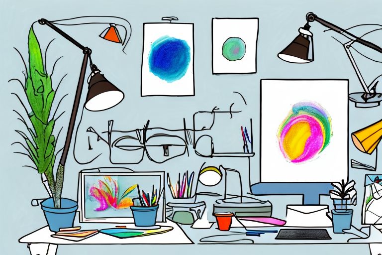 A vibrant artist's workspace with various drawing tools