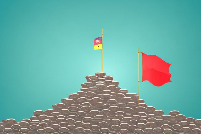 A mountain made of coins with a flag at the peak