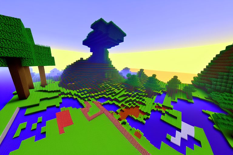 A vibrant minecraft landscape with a sunrise