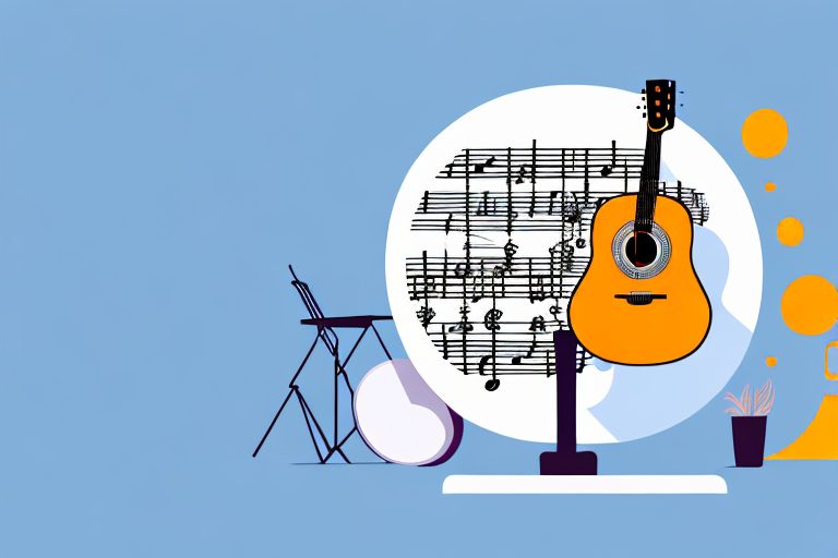 A guitar leaning against a music stand with sheet music