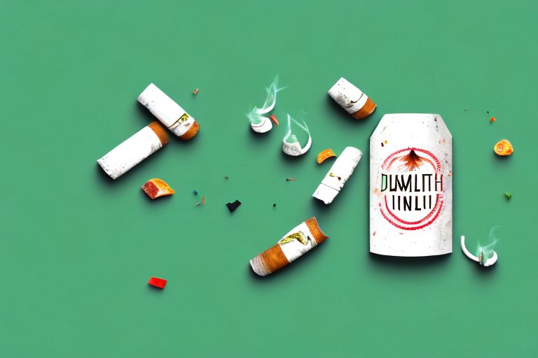 A broken cigarette surrounded by symbols of health and vitality such as fresh fruits