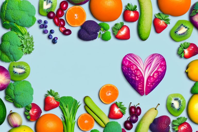 A variety of colorful fruits and vegetables arranged in a heart shape
