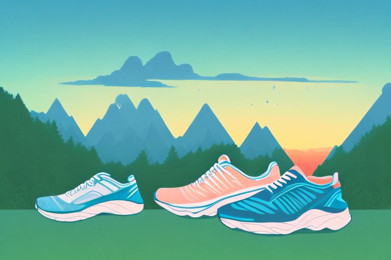 A pair of running shoes on a scenic trail during sunrise