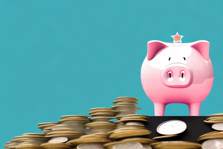 A piggy bank sitting on a high mountain peak