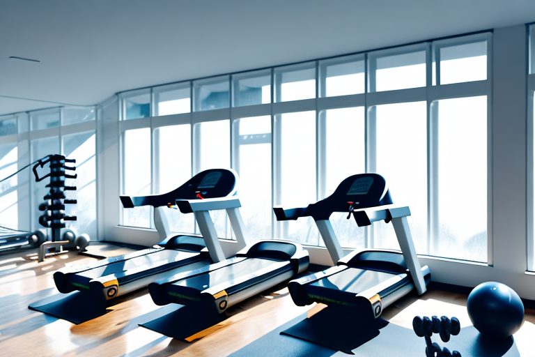 A treadmill in a cozy room with a large window showcasing a snowy landscape outside