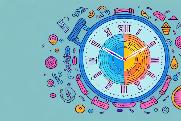 A clock with different motivational symbols like a running shoe