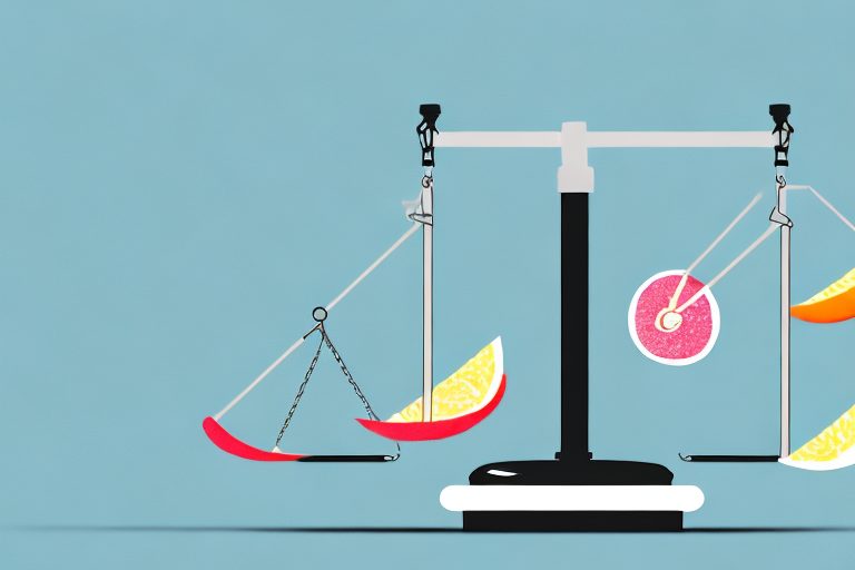 A balanced scale with healthy foods on one side and fitness equipment on the other