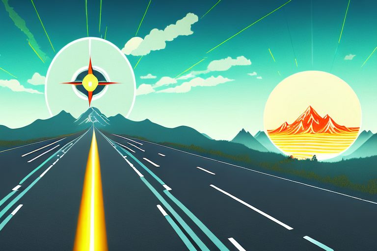 A road stretching into the horizon with various motivational symbols like a torch
