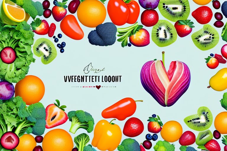 A variety of colorful fruits and vegetables arranged in a heart shape