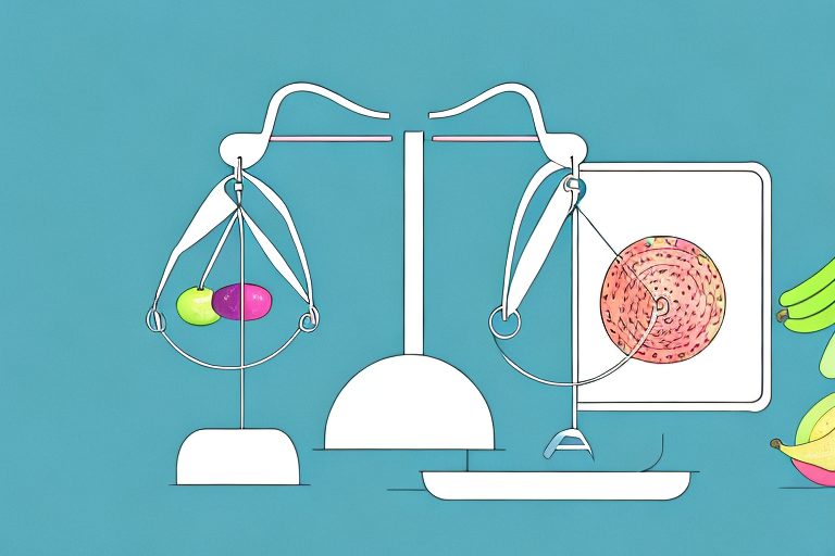A scale balanced with healthy foods on one side and workout equipment on the other