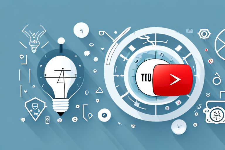 A youtube play button icon surrounded by various motivational symbols like a trophy
