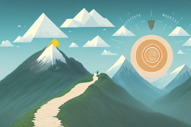 A mountain path with various motivational symbols like a rising sun