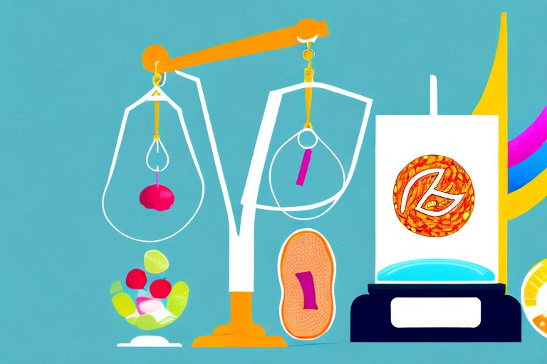 A scale balanced with a healthy food item on one side and a pair of running shoes on the other