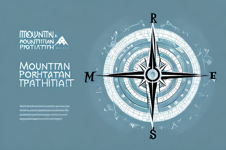 A mountain path with various motivational symbols like a compass