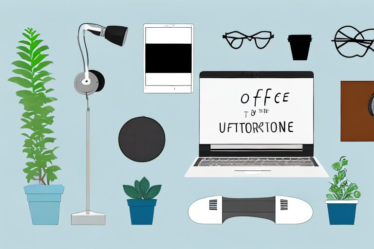 A variety of office-related items such as a laptop