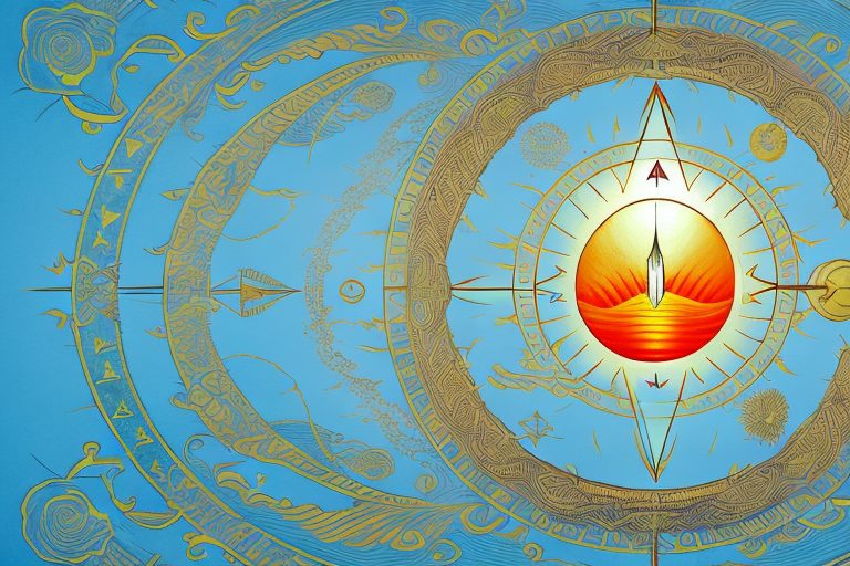 Various symbolic objects like a rising sun