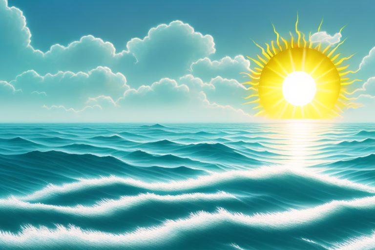 A bright sun rising over a tranquil sea