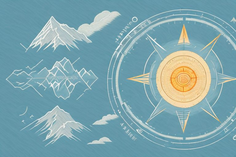 A mountain path with various motivational symbols like a rising sun