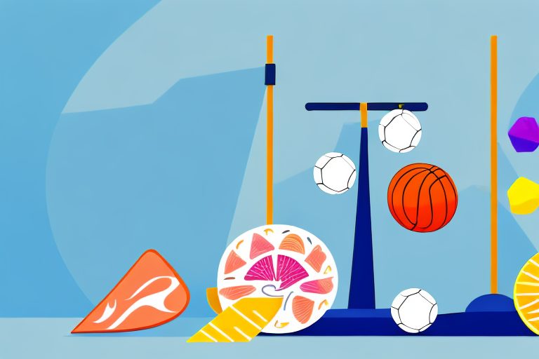 A scale balanced with healthy foods on one side and sports equipment on the other