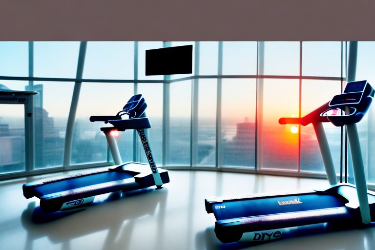 A treadmill with a sunrise in the background