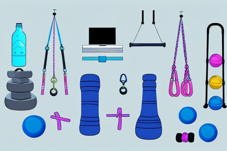 A home workout space with various fitness equipment like a yoga mat